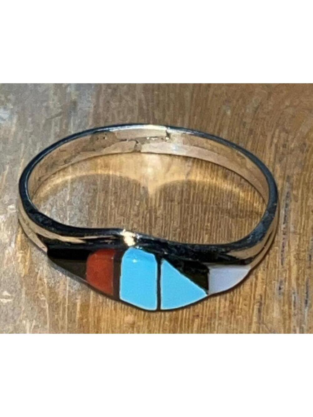 Zuni sterling silver turquoise coral inlay traditional ring size 8